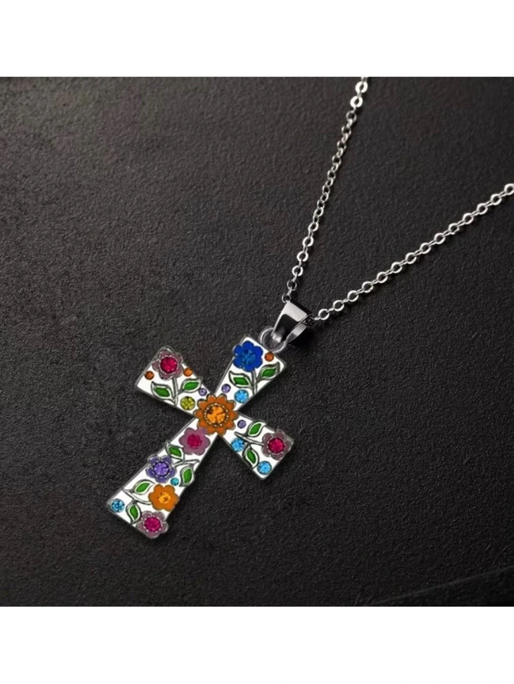 Vibrant Floral Cross Pendant Necklace - Colorful Statement Jewelry